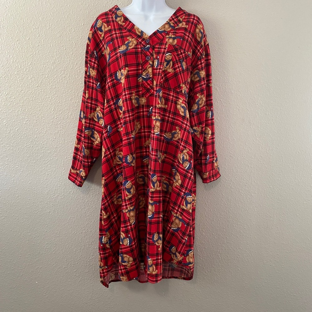 Vintage Teddy Bear Nightgown Large 100% Cotton‎ Plaid Tartan Preppy Cottagecore